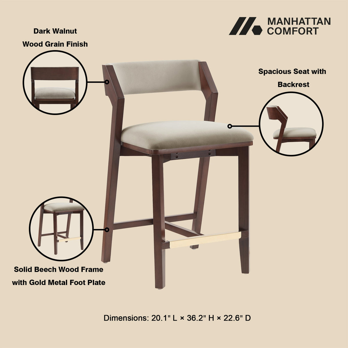 Patricia Counter Stool in Linen (set of 2) by Manhattan Comfort at Eve Furniture