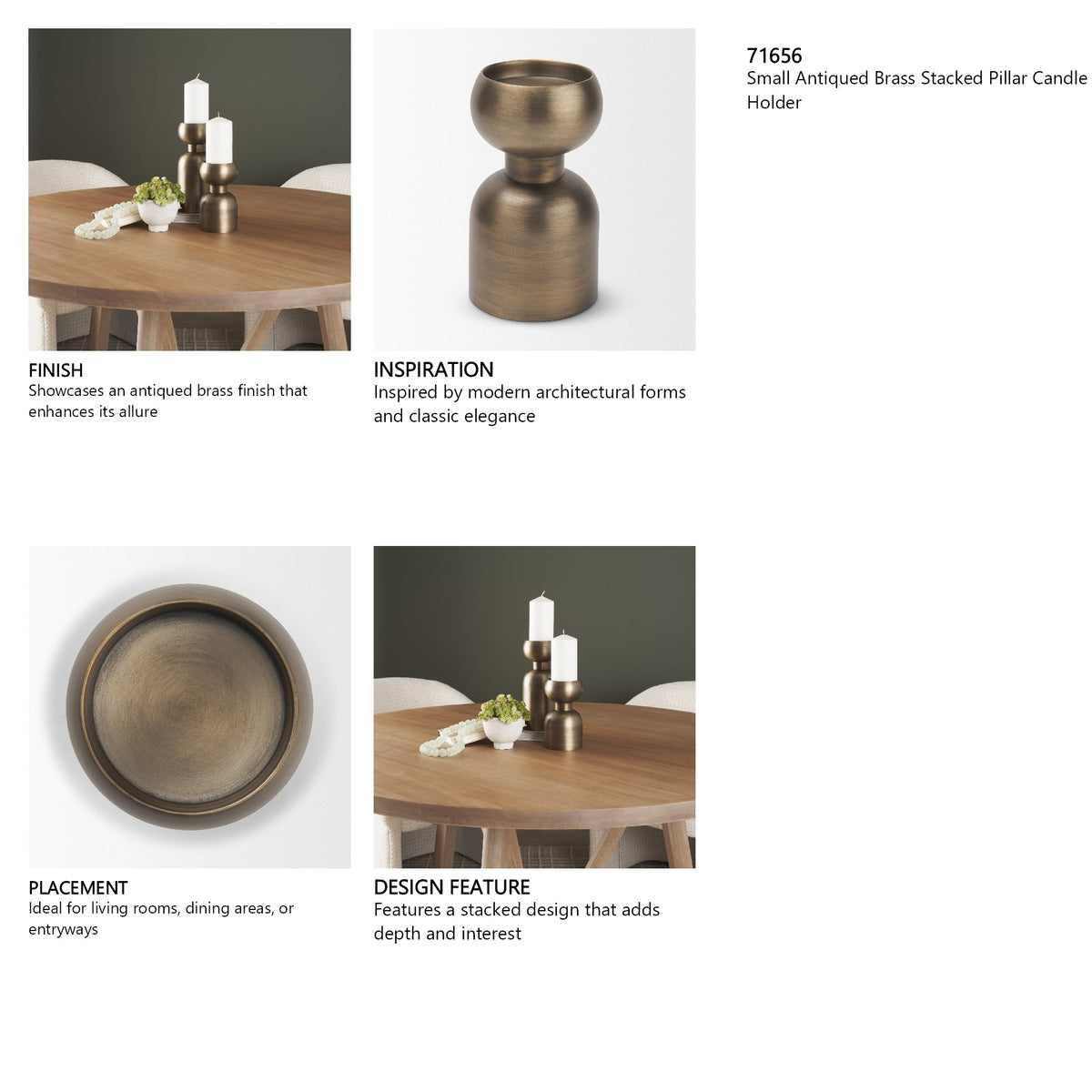 Pelar Small Antiqued Brass Stacked Pillar Candle Holder by Mercana at Eve Furniture