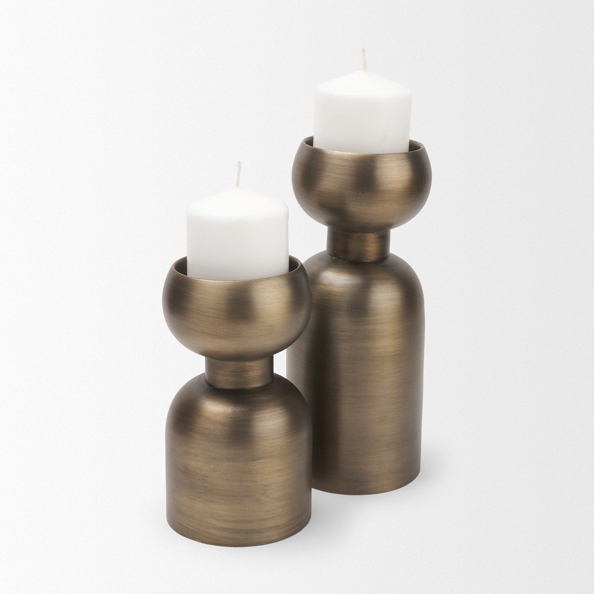 Pelar Small Antiqued Brass Stacked Pillar Candle Holder by Mercana at Eve Furniture