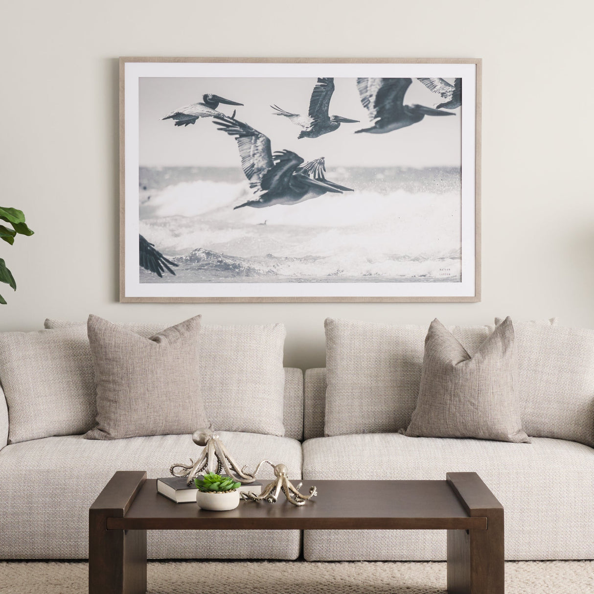 Pelican Beach by Nathan Larson a Hand Embellished Framed Photo Art Print Matted under Glass by Mercana at Eve Furniture