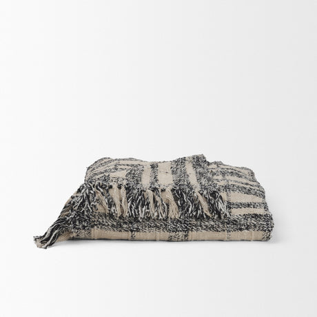 Pendle Cream w/ Woven Black Plaid Pattern Cotton Throw Blanket by Mercana at Eve Furniture