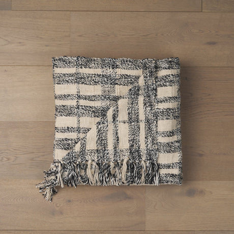 Pendle Cream w/ Woven Black Plaid Pattern Cotton Throw Blanket by Mercana at Eve Furniture