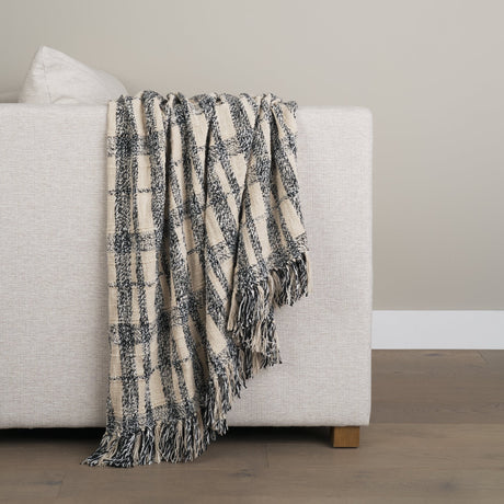 Pendle Cream w/ Woven Black Plaid Pattern Cotton Throw Blanket by Mercana at Eve Furniture