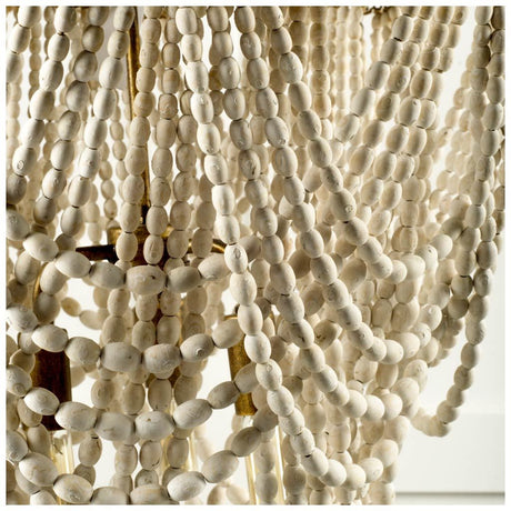 Pendra Gold Metal Whitewashed Wooden Bead Three Bulb Chandelier by Mercana at Eve Furniture
