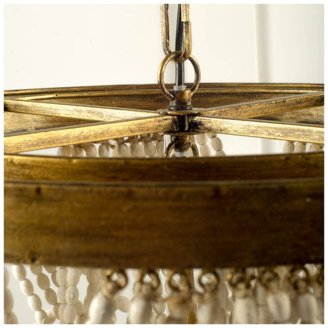 Pendra Gold Metal Whitewashed Wooden Bead Three Bulb Chandelier by Mercana at Eve Furniture