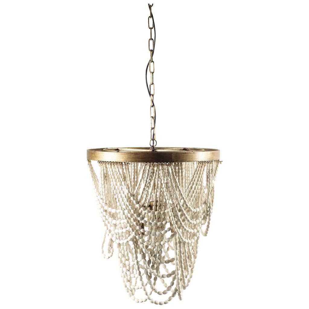 Pendra Gold Metal Whitewashed Wooden Bead Three Bulb Chandelier by Mercana at Eve Furniture