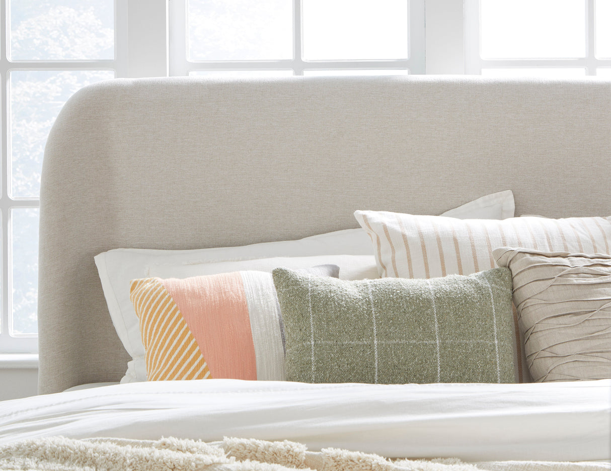Penny California King Upholstered Platform Bed in Buff Cream Ash and Oatmeal Linen by Modus Furniture at Eve Furniture