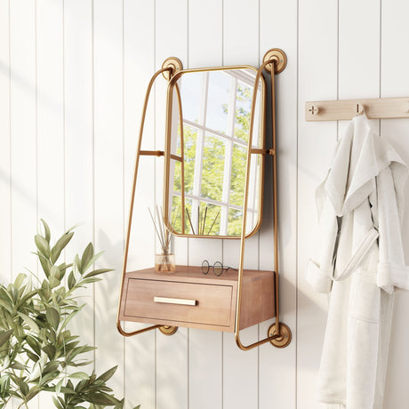 Peralta Brass & Brown Mirror Shelf by Zuomod at Eve Furniture