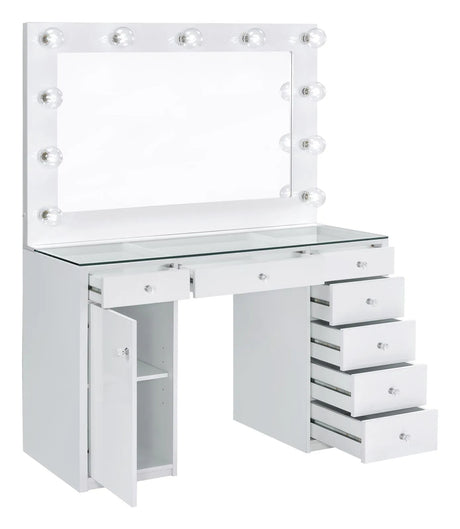 Percy White 7-Drawer Glass Top Vanity Desk with Lighting by Coaster at Eve Furniture