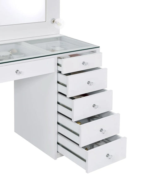 Percy White 7-Drawer Glass Top Vanity Desk with Lighting by Coaster at Eve Furniture
