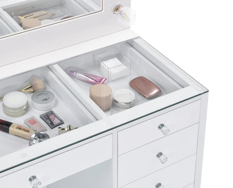 Percy White 7-Drawer Glass Top Vanity Desk with Lighting by Coaster at Eve Furniture