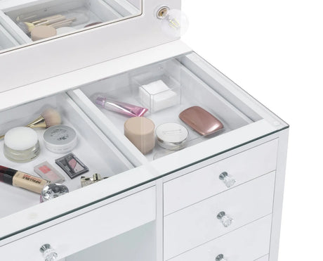 Percy White 7-Drawer Glass Top Vanity Desk with Lighting by Coaster at Eve Furniture