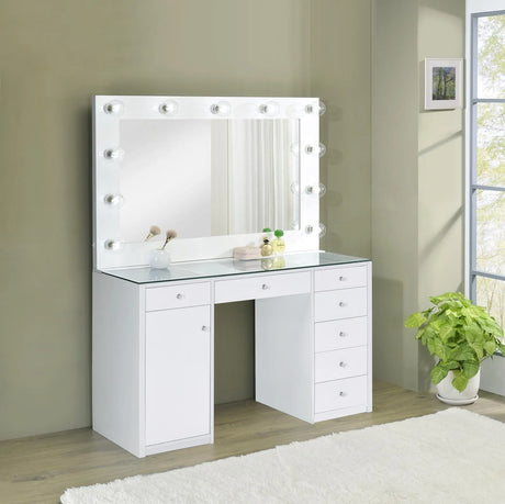 Percy White 7-Drawer Glass Top Vanity Desk with Lighting by Coaster at Eve Furniture