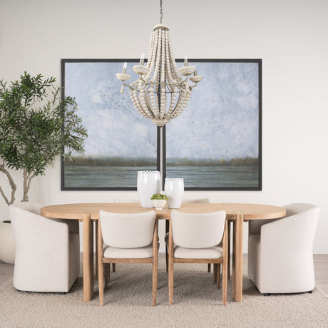 Phillum Silver Metal Chassis and White Wood Beaded Six Bulb Chandelier by Mercana at Eve Furniture