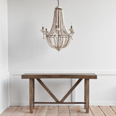 Phillum Silver Metal Chassis and White Wood Beaded Six Bulb Chandelier by Mercana at Eve Furniture