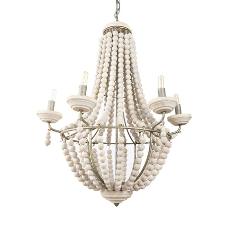 Phillum Silver Metal Chassis and White Wood Beaded Six Bulb Chandelier by Mercana at Eve Furniture