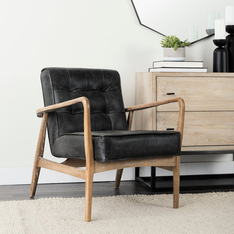 Phineas Black Leather W/ Brown Wooden Frame Accent Chair by Mercana at Eve Furniture