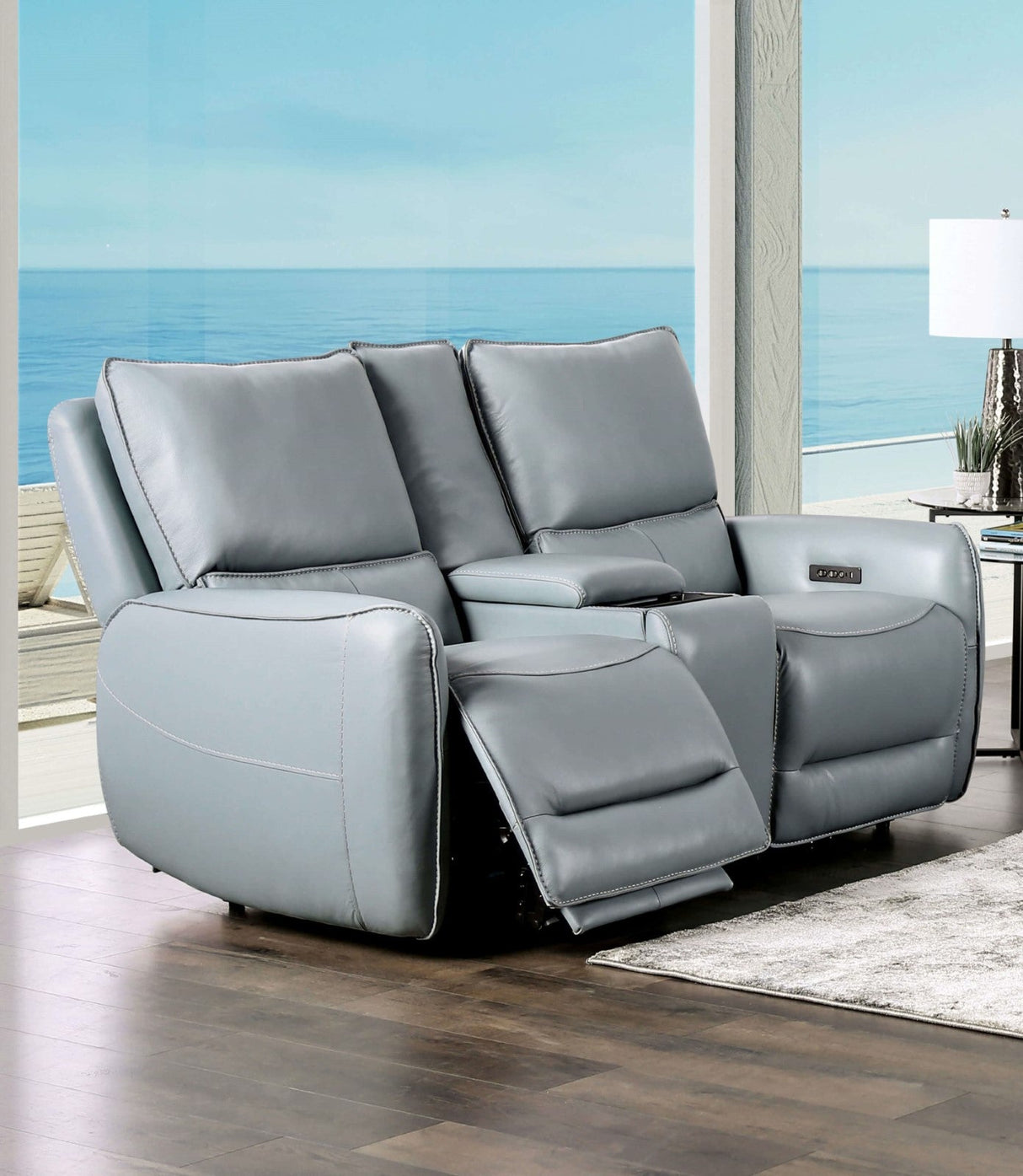 Phineas Pale Blue Top Grain Leather Match Power Reclining Sofa & Loveseat by Furniture of America at Eve Furniture
