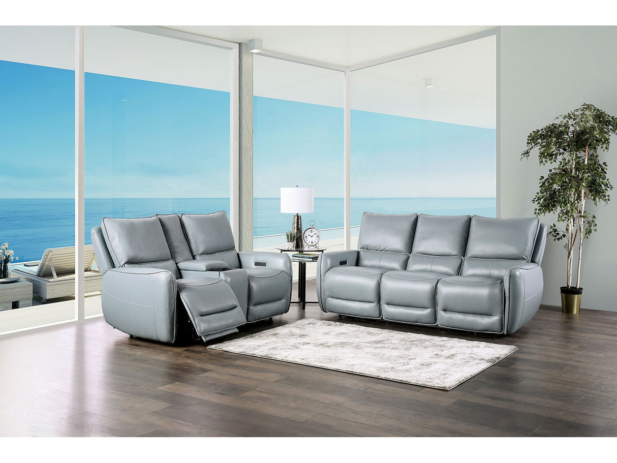 Phineas Pale Blue Top Grain Leather Match Power Reclining Sofa & Loveseat by Furniture of America at Eve Furniture