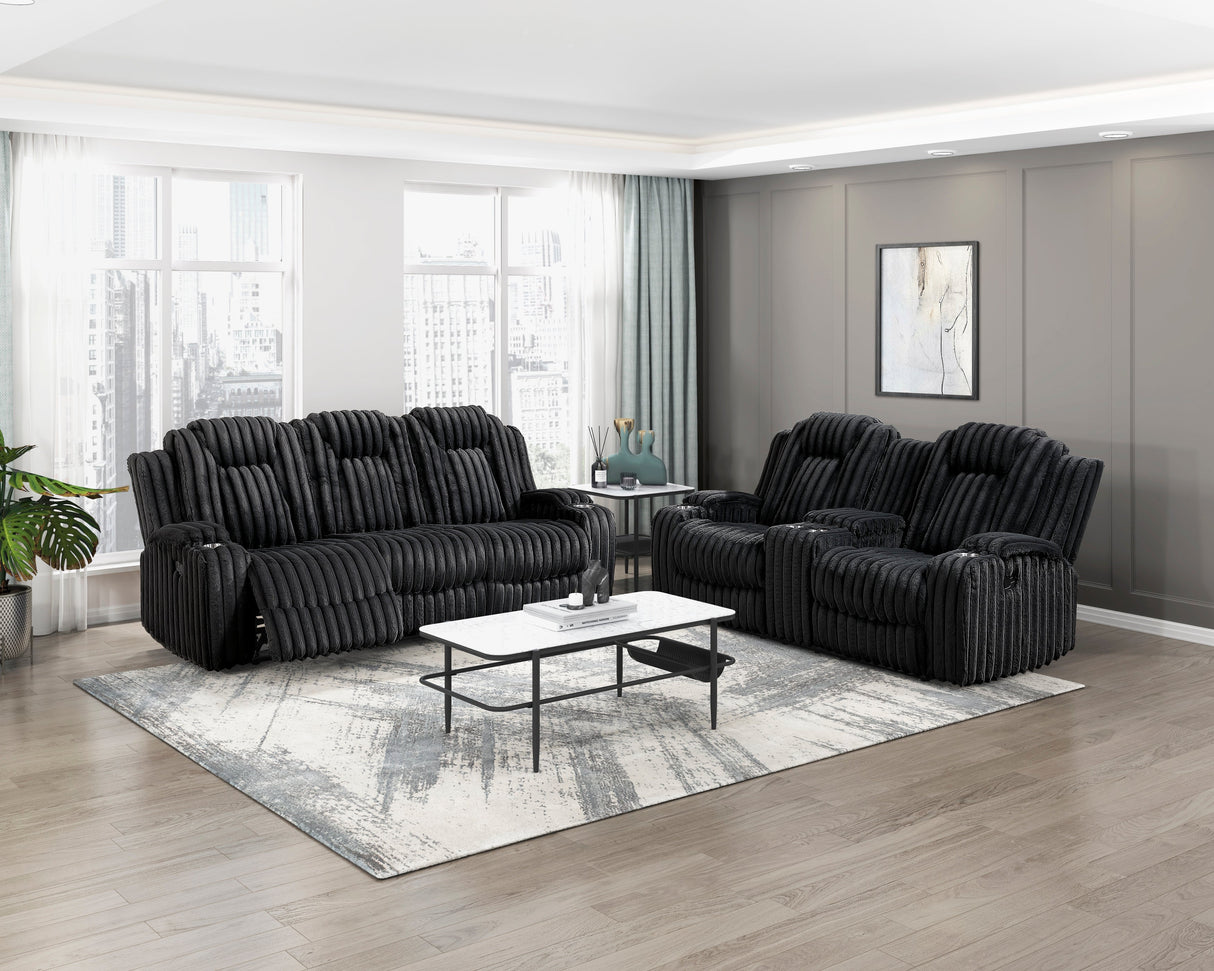 Phyllis Black Corduroy Double Reclining Loveseat with Center Console and Cup Holders by Homelegance at Eve Furniture