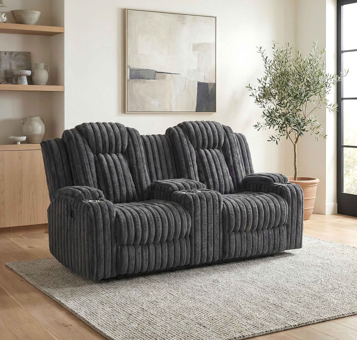 Phyllis Dark Gray Double Reclining Loveseat with Center Console by Homelegance at Eve Furniture