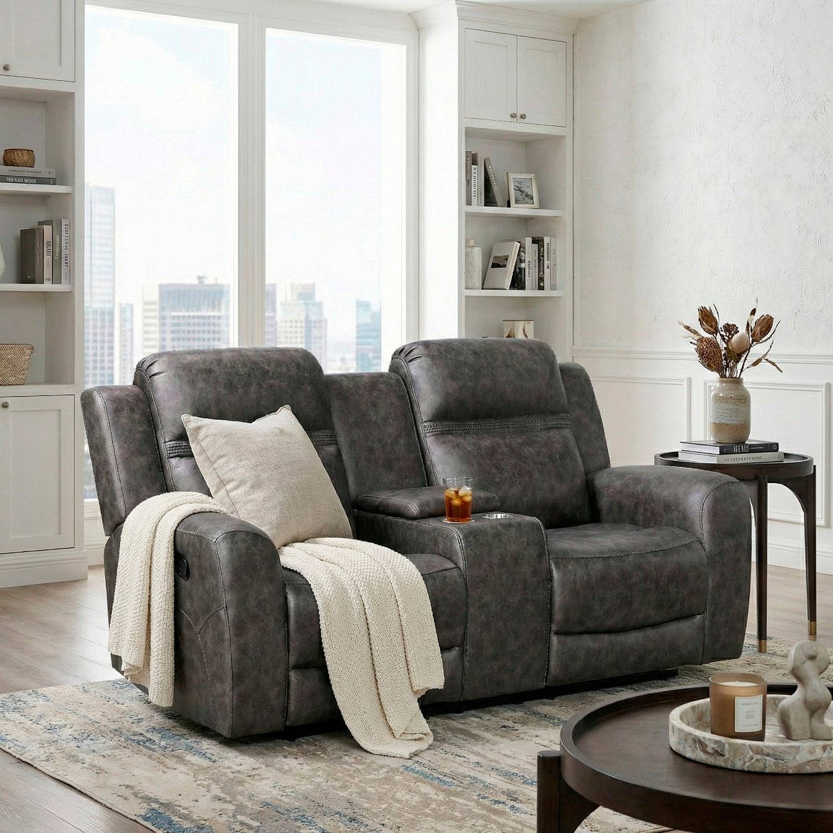 Phyllis Dark Gray Reclining Chair with Cup Holders by Homelegance at Eve Furniture