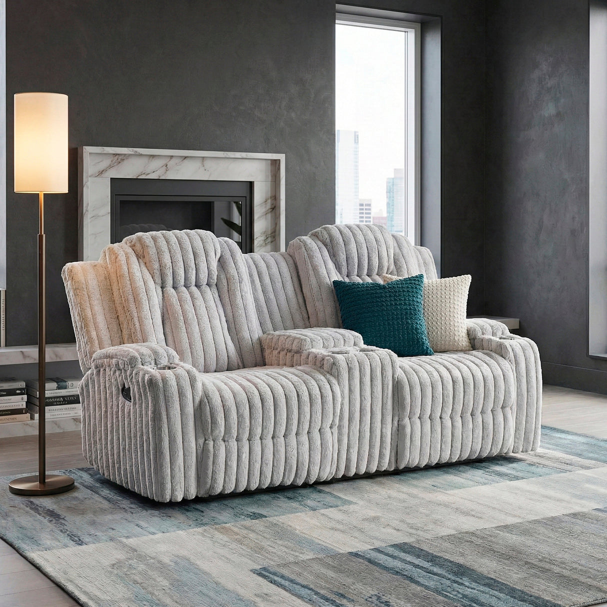 Phyllis Light Gray Double Reclining Loveseat with Center Console and Cup Holders by Homelegance at Eve Furniture