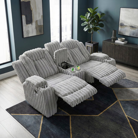 Phyllis Light Gray Double Reclining Loveseat with Center Console and Cup Holders by Homelegance at Eve Furniture