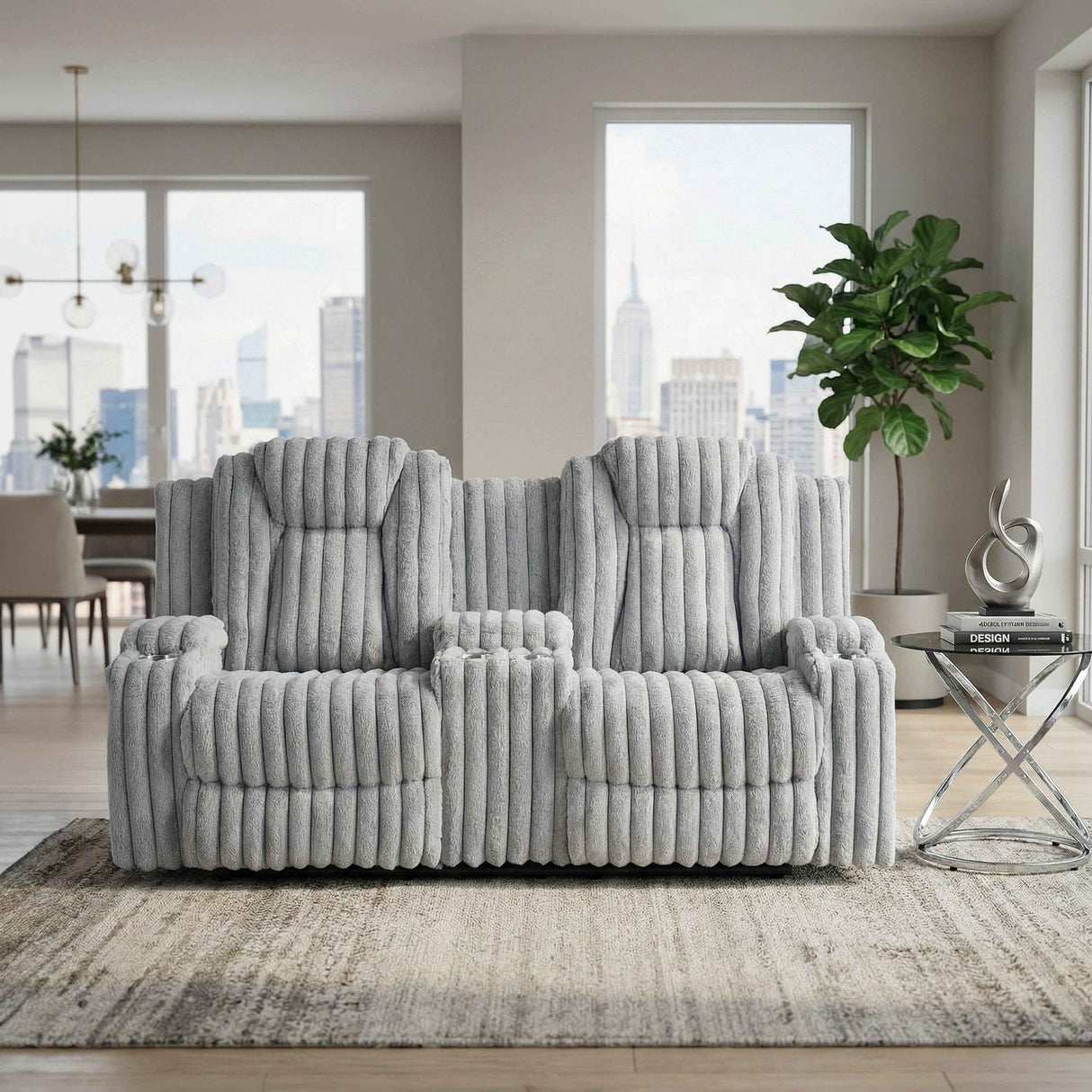 Phyllis Light Gray Double Reclining Loveseat with Center Console by Homelegance at Eve Furniture
