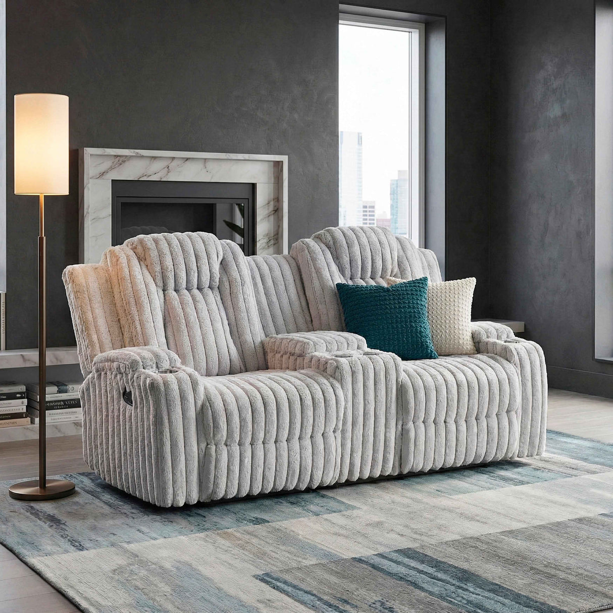 Phyllis Light Gray Double Reclining Loveseat with Center Console by Homelegance at Eve Furniture