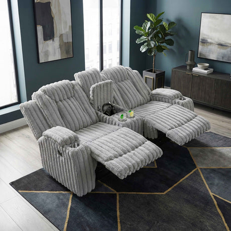 Phyllis Light Gray Double Reclining Loveseat with Center Console by Homelegance at Eve Furniture