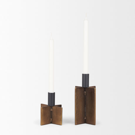 Pia Antiqued Gold w/ Black Metal Taper Candleholder (Set of 2) by Mercana at Eve Furniture