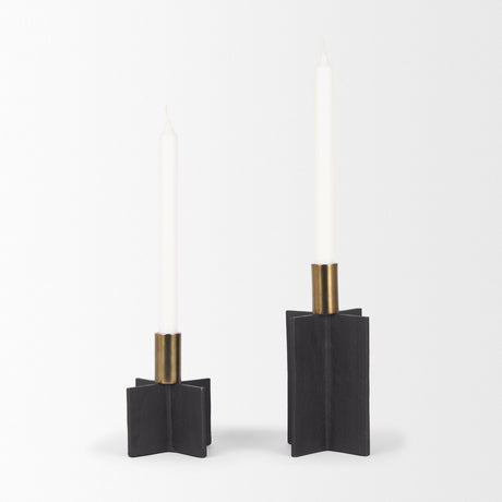 Pia Matte Black w/ Brushed Gold Metal Taper Candleholder (Set of 2) by Mercana at Eve Furniture