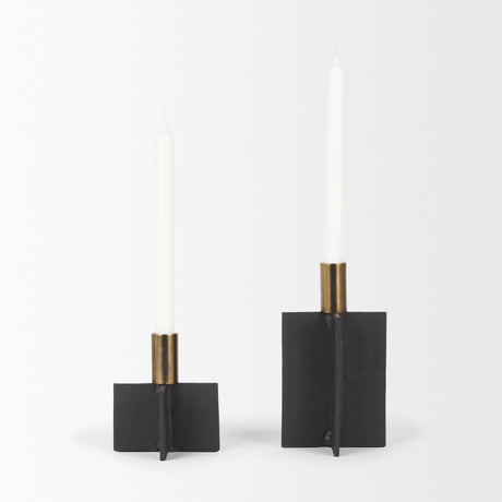 Pia Matte Black w/ Brushed Gold Metal Taper Candleholder (Set of 2) by Mercana at Eve Furniture