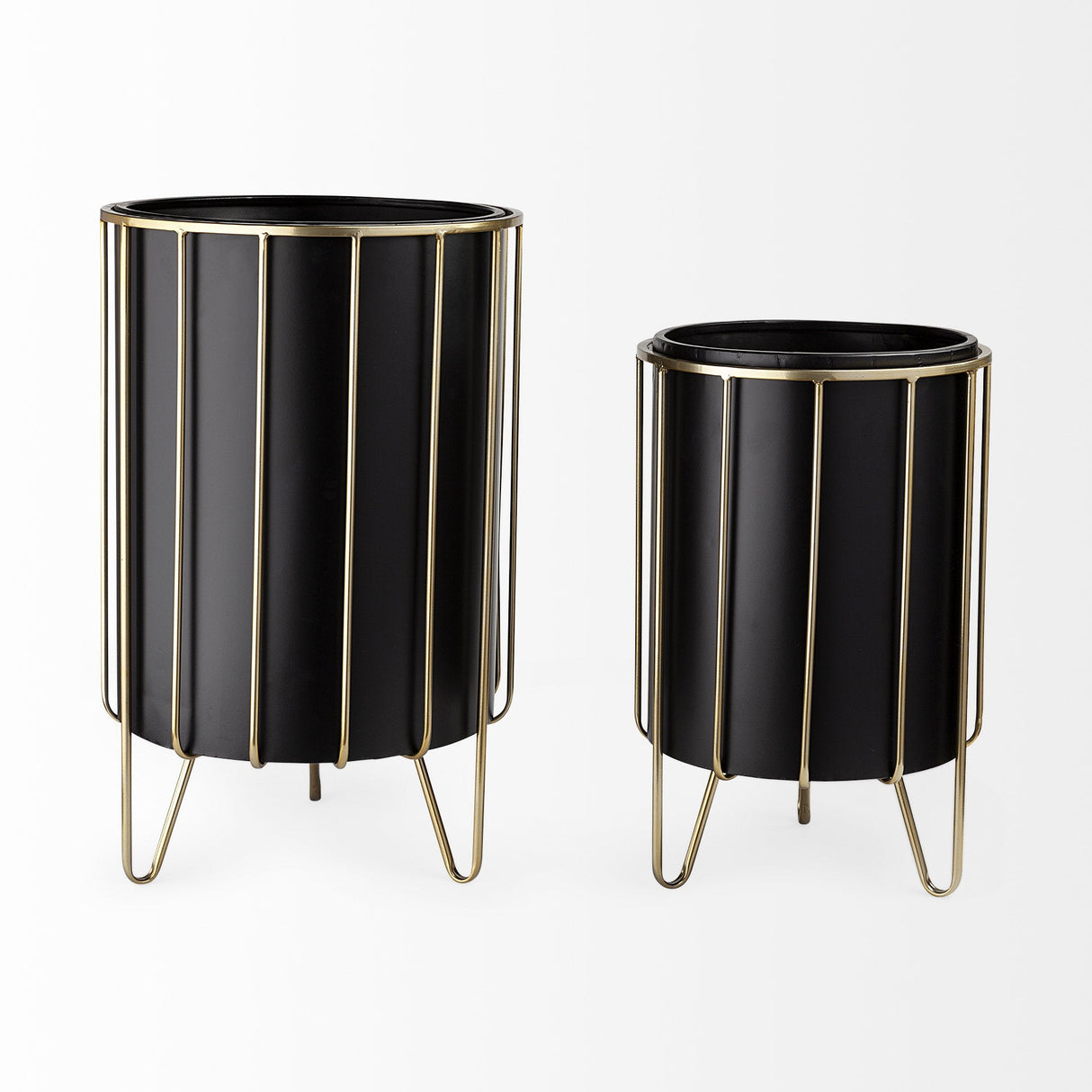 Pianta Set of Two Black Metal Insert Brass Frame Plant Stands by Mercana at Eve Furniture