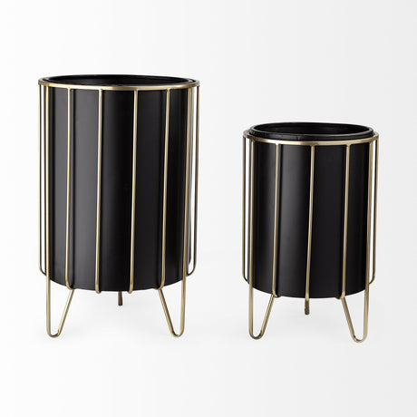 Pianta Set of Two Black Metal Insert Brass Frame Plant Stands by Mercana at Eve Furniture