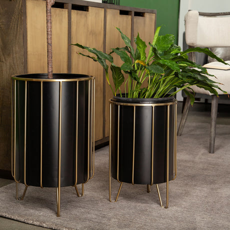 Pianta Set of Two Black Metal Insert Brass Frame Plant Stands by Mercana at Eve Furniture