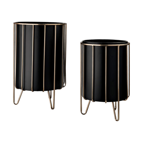 Pianta Set of Two Black Metal Insert Brass Frame Plant Stands by Mercana at Eve Furniture