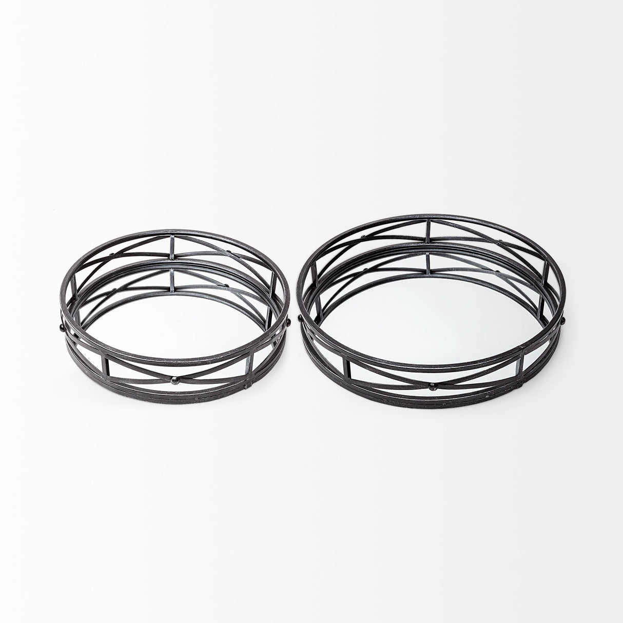 Piers (Set of 2) Black Metal Mirrored Round Trays by Mercana at Eve Furniture