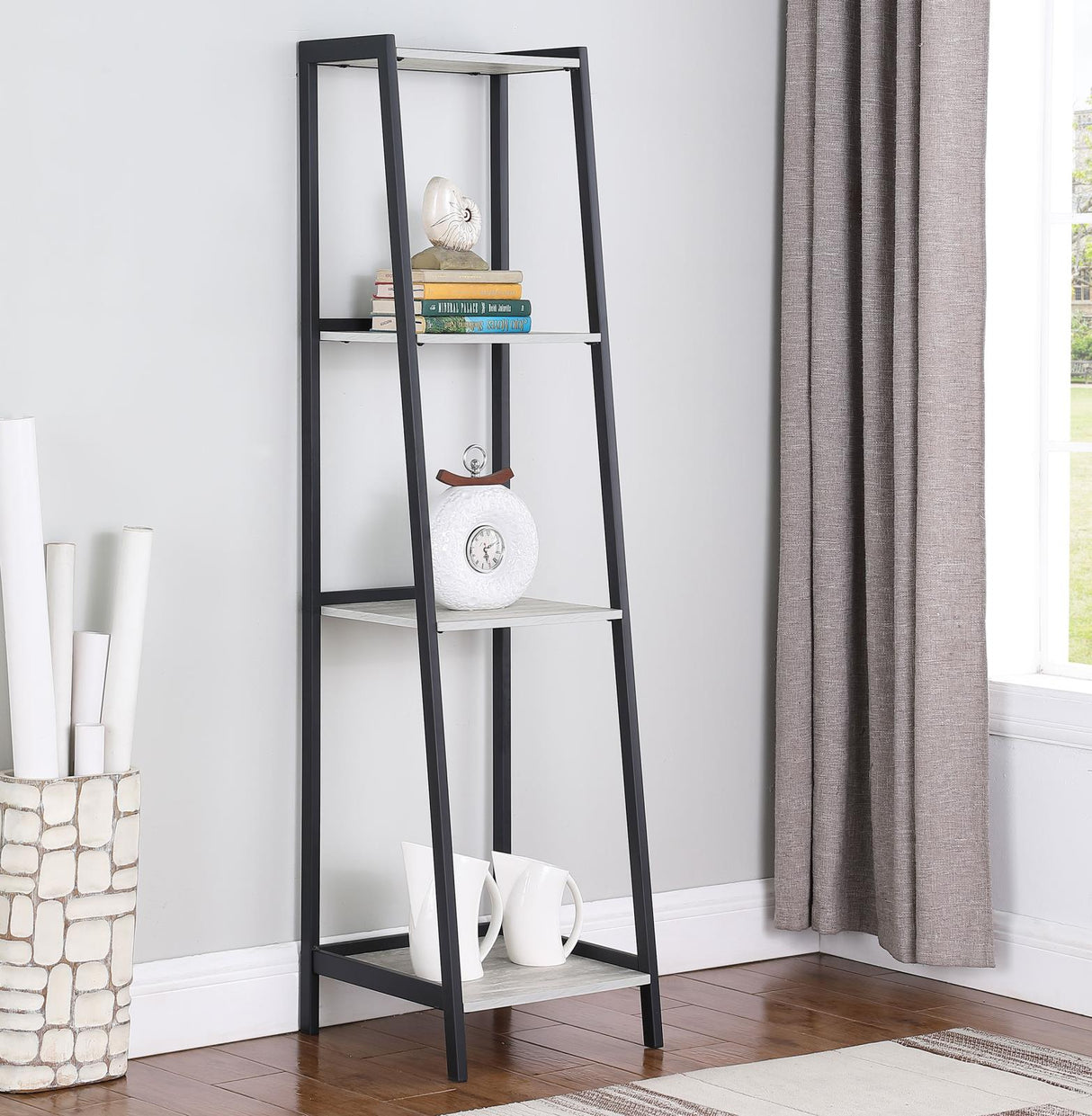 Pinckard Gray Stone Herringbone/Black 4-Shelf Ladder Bookcase