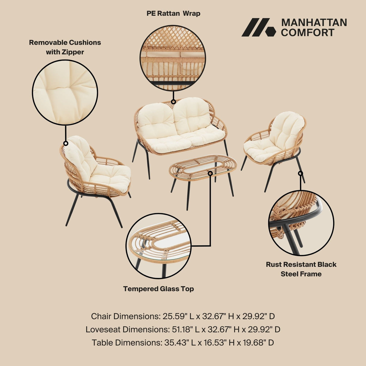 Pine 4-Piece Patio Conversation Set in Cream by Manhattan Comfort at Eve Furniture