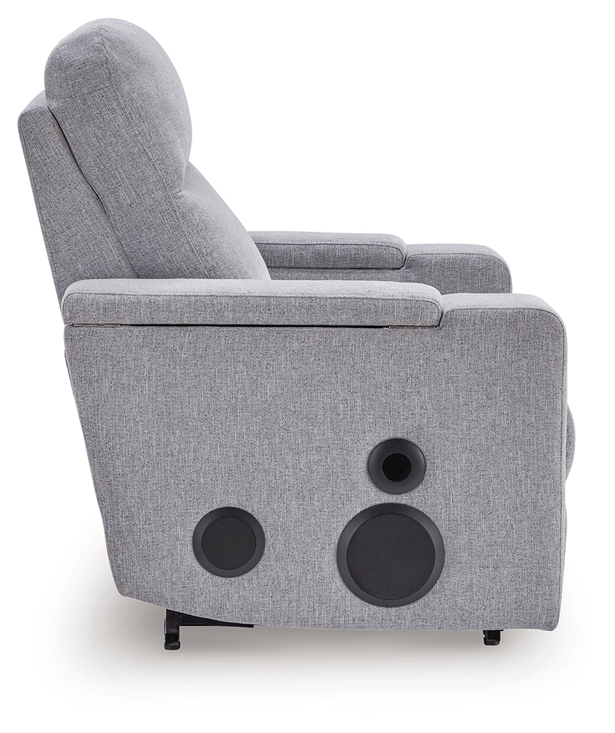 Pineland Pewter Power Glider Recliner with Audio System by Ashley at Eve Furniture