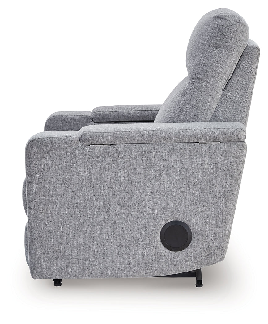 Pineland Pewter Power Glider Recliner with Audio System by Ashley at Eve Furniture