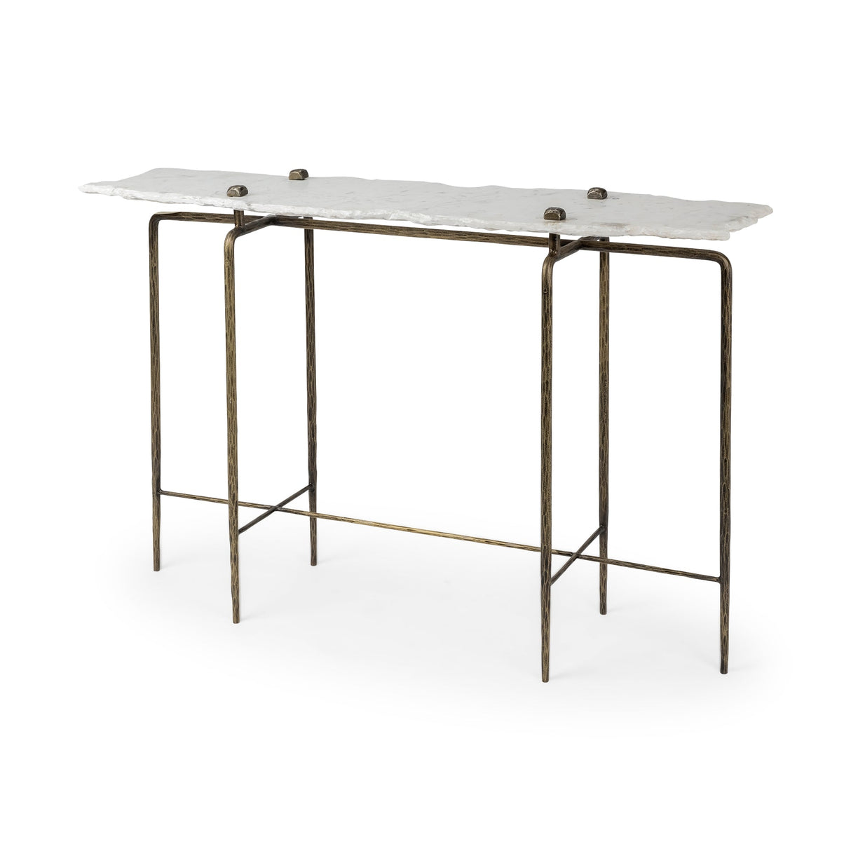 Pinera III 49L x 17W White Marble Top Gold-Toned Iron Base Console Table by Mercana at Eve Furniture