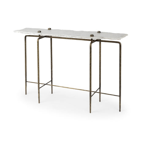 Pinera III White Marble Top Gold-Toned Iron Base Console Table by Mercana at Eve Furniture