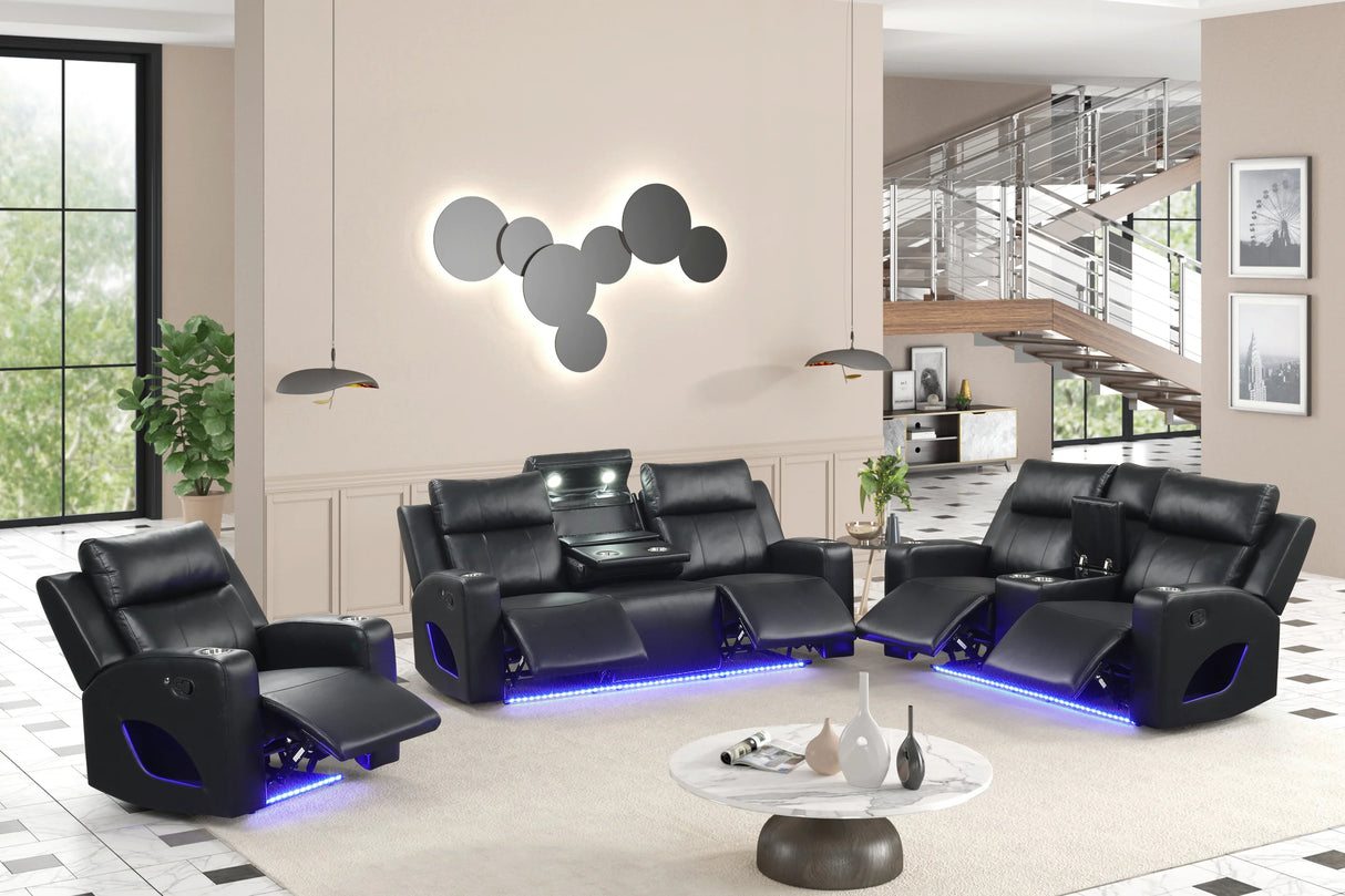 Pinnacle Black Leather 3-Piece Reclining Living Room Set by Happy Homes at Eve Furniture