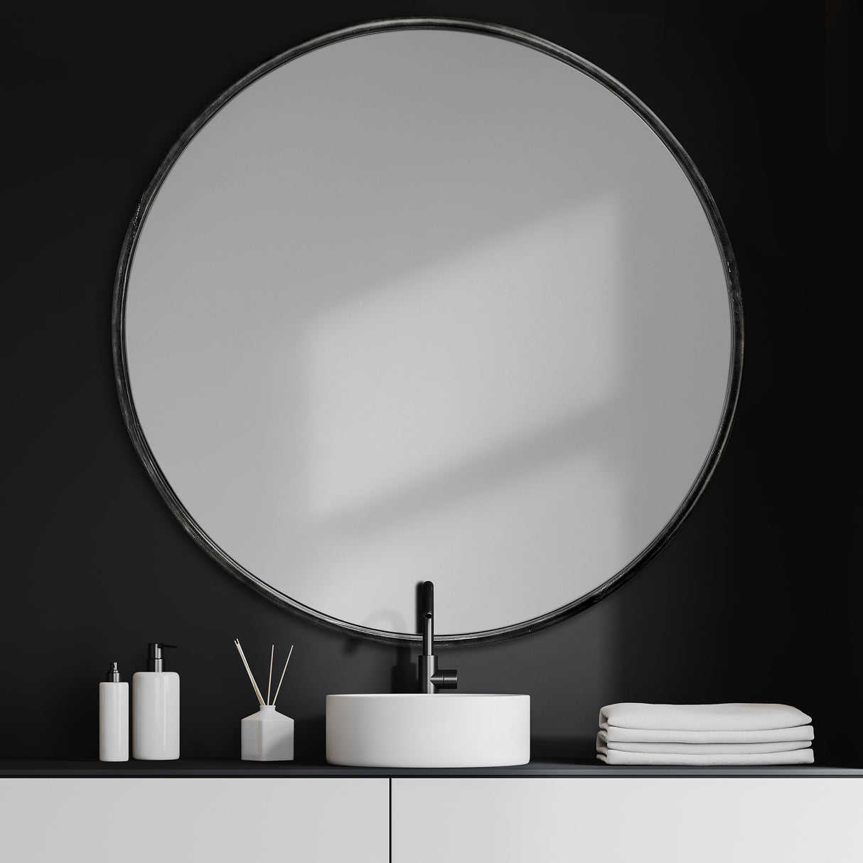 Piper Large Black Metal Round Wall Mirror by Mercana at Eve Furniture