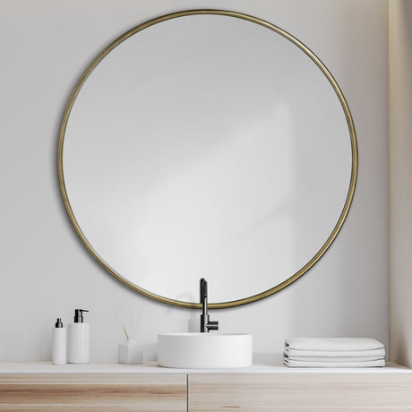 Piper Large Gold Metal Round Wall Mirror by Mercana at Eve Furniture