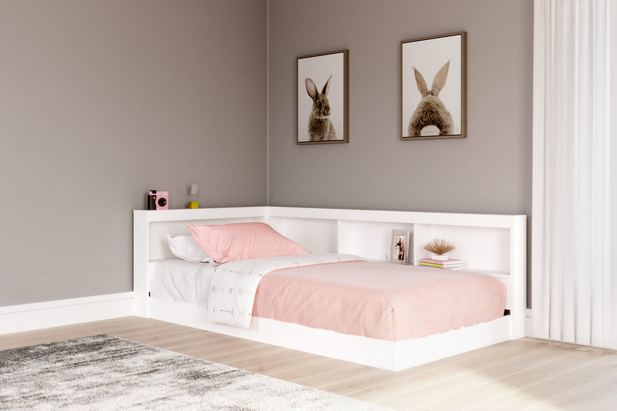 Piperton White Twin Bookcase Corner Storage Bed by Ashley at Eve Furniture