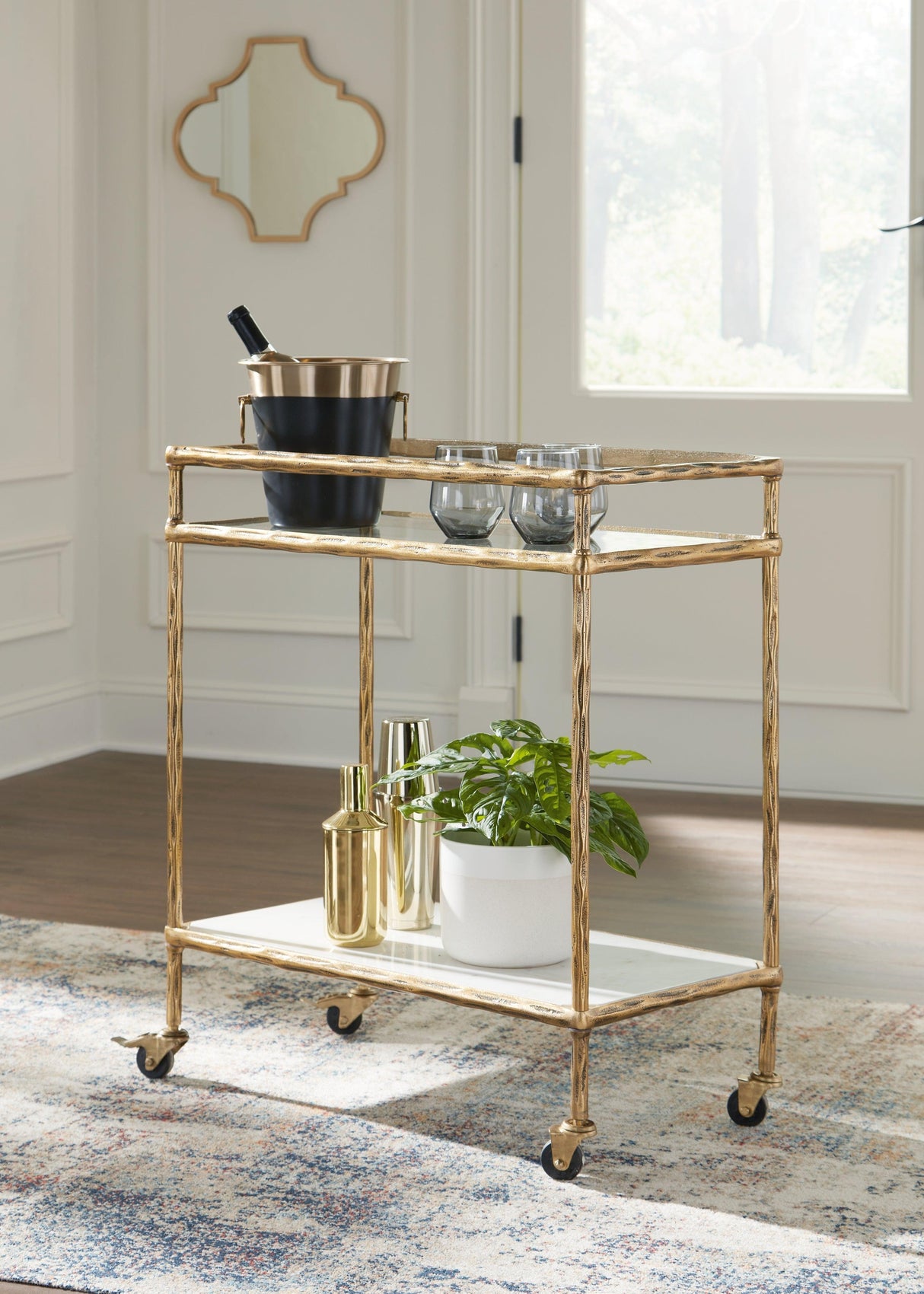 Plattfield Antique Gold Finish Bar Cart by Ashley at Eve Furniture